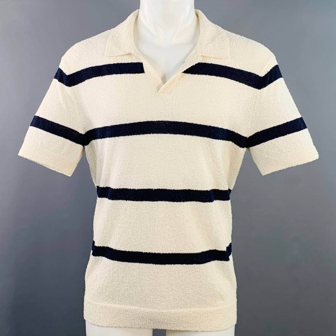 TODD SNYDER Size M Cream Navy Stripe Cotton Blend Terry Polo