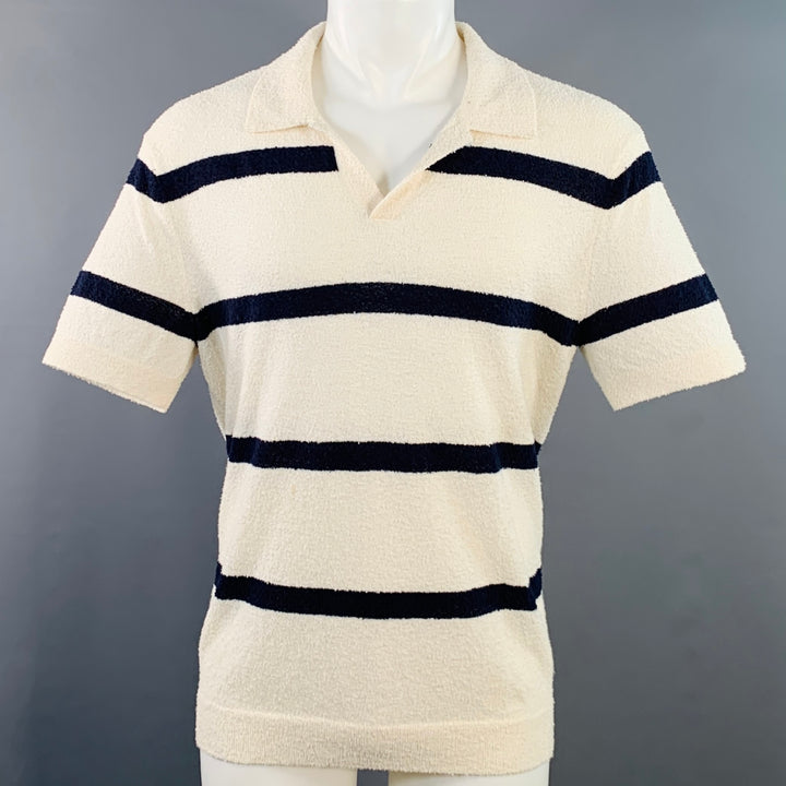 TODD SNYDER Size M Cream Navy Stripe Cotton Blend Terry Polo