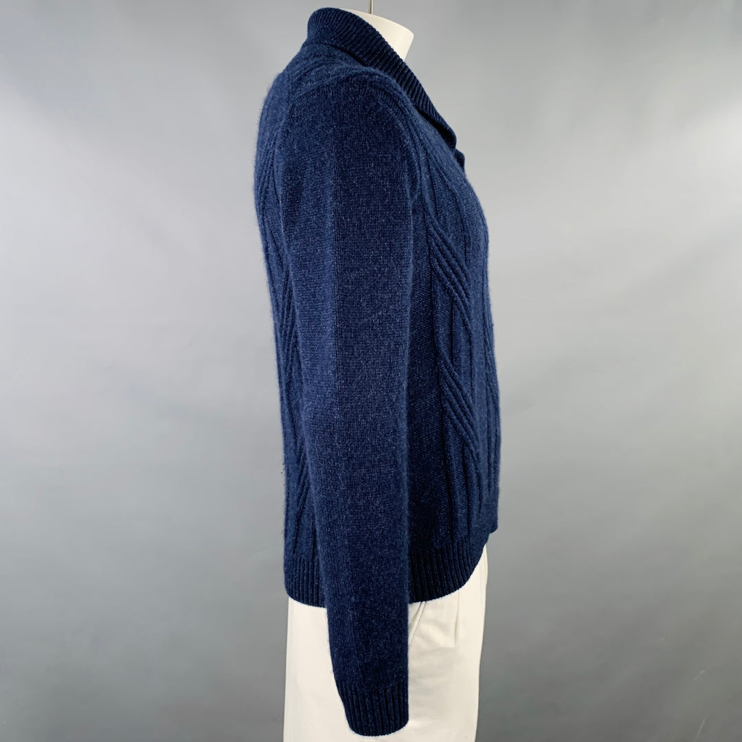 BARNEY'S NEW YORK Size XL Navy Cable Knit Cashmere Shawl Collar Sweater