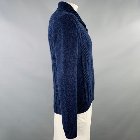BARNEY'S NEW YORK Taille XL Pull en Cachemire Col Châle Maille Torsadée Bleu Marine
