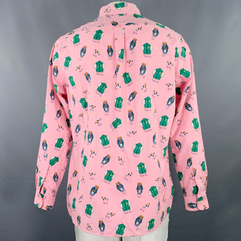 RALPH LAUREN Size L Pink Green Bears Cotton One Pocket Long Sleeve Shirt