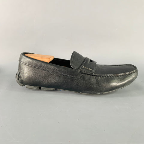 PRADA Size 10.5 Black Saffiano Leather Drivers Penny Loafers
