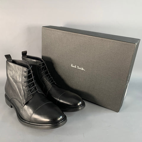 PAUL SMITH Size 11 Black Leather Cap Toe Lace-Up Ankle Boots