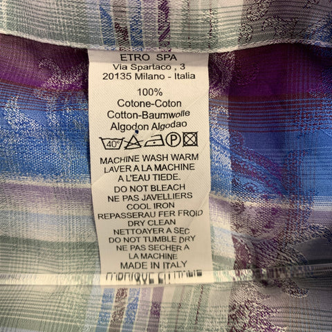 ETRO Size M Blue Purple Plaid Cotton Button Up Long Sleeve Shirt