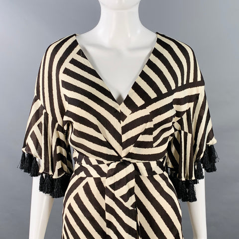 SACHIN & BABI Size 8 Brown Cream Polyester Stripe Short Sleeve Long V-Neck Dress
