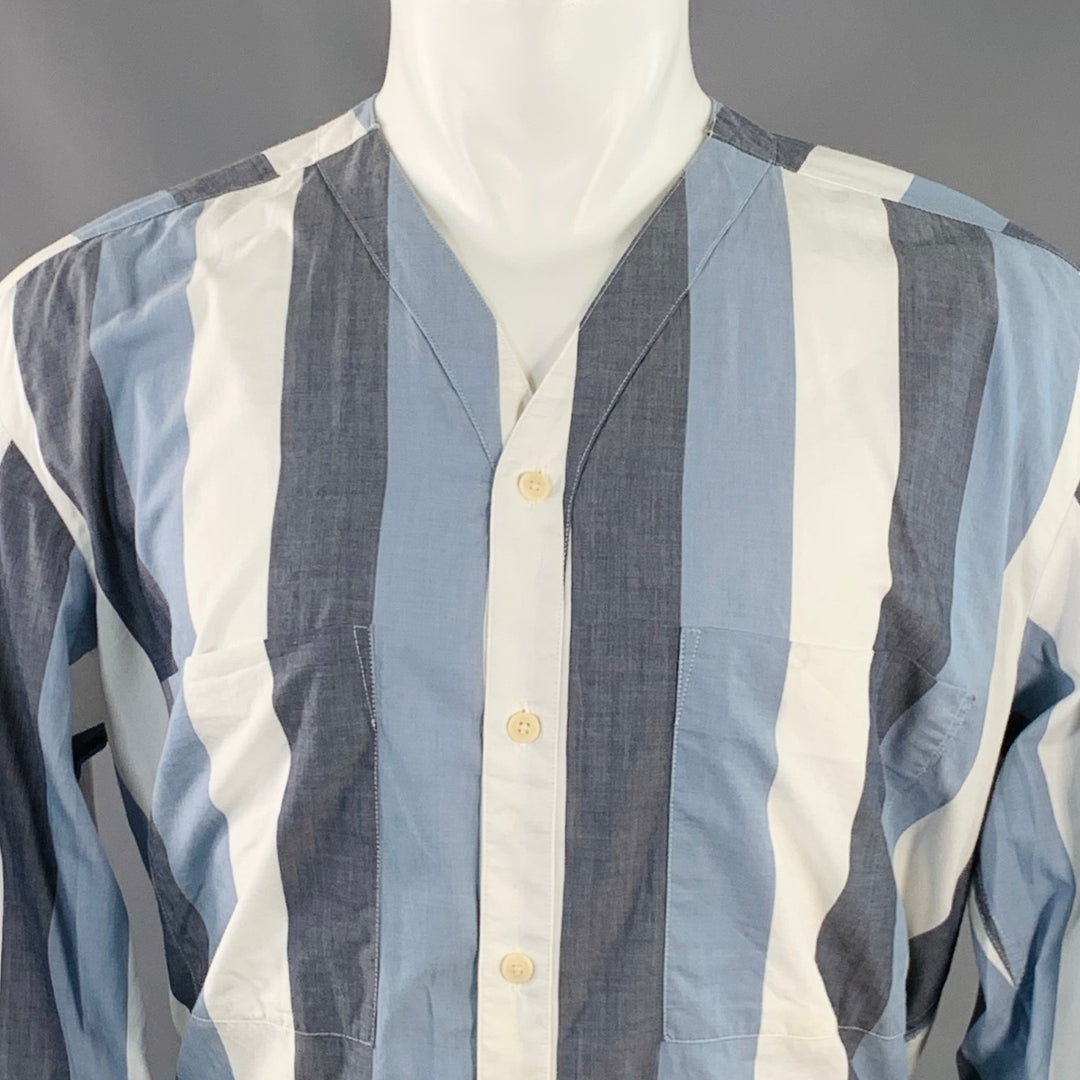 LIVID JEANS Size M Grey Blue White Stripe Cotton Collarless Long Sleeve Shirt