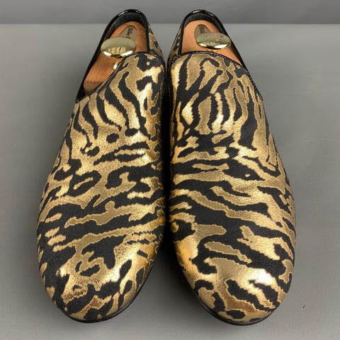 JIMMY CHOO Size 9 Black Gold Animal Print Jacquard Slip On Loafers
