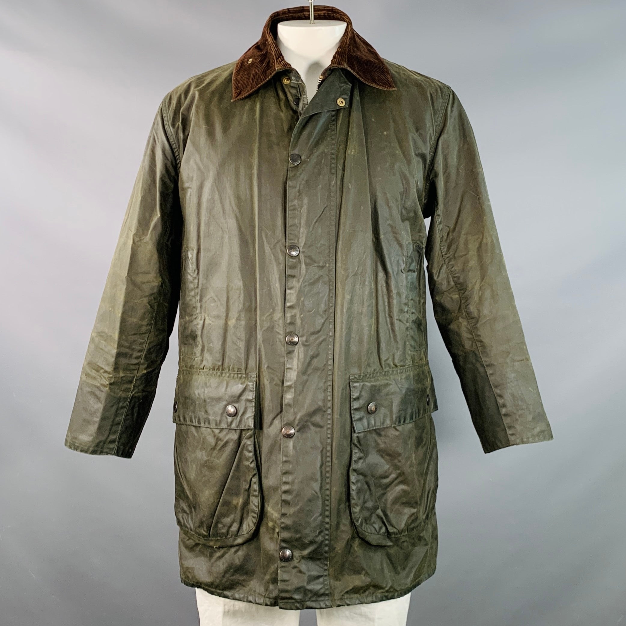 BARBOUR Size L Brown Olive Waxed Canvas Corduroy Collar Zip Snaps