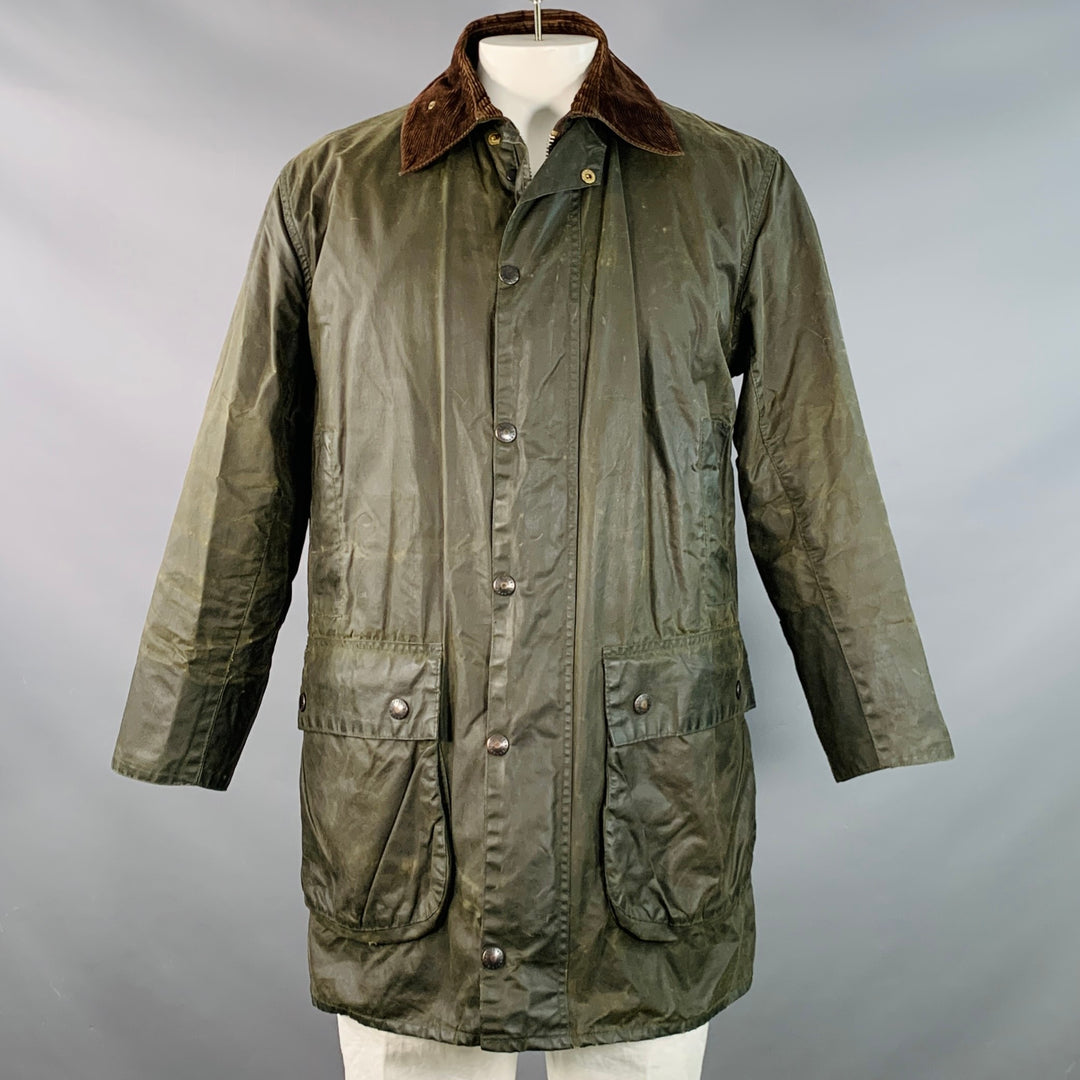 BARBOUR Size L Brown Olive Waxed Canvas Corduroy Collar Zip Snaps Jacket