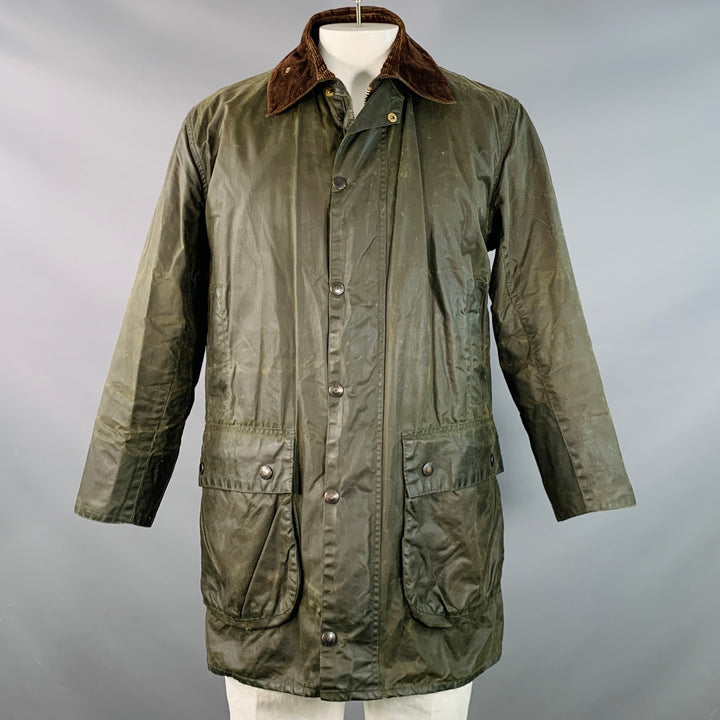 BARBOUR Size L Brown Olive Waxed Canvas Corduroy Collar Zip Snaps Jacket