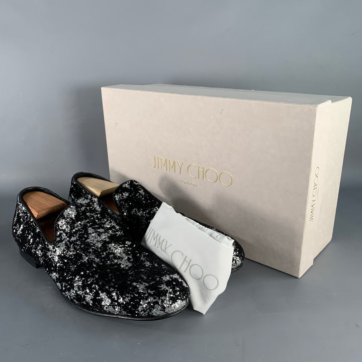 JIMMY CHOO Size 11 Velvet Glitter Devore Sloan Black Silver Slip On Loafers