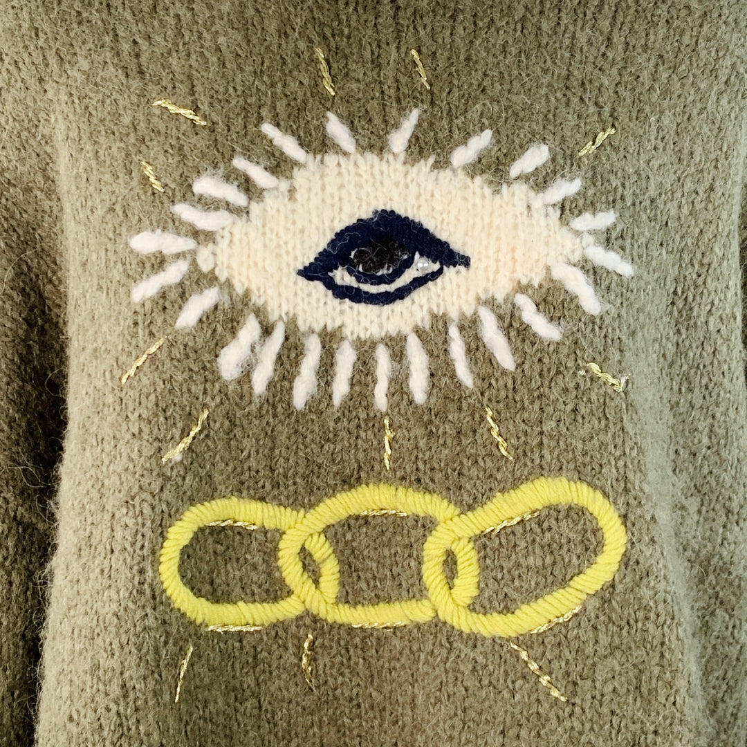 RAQUEL ALLEGRA Size 2 Green White Yellow Alpaca Blend Knit Eye Chain Sweater