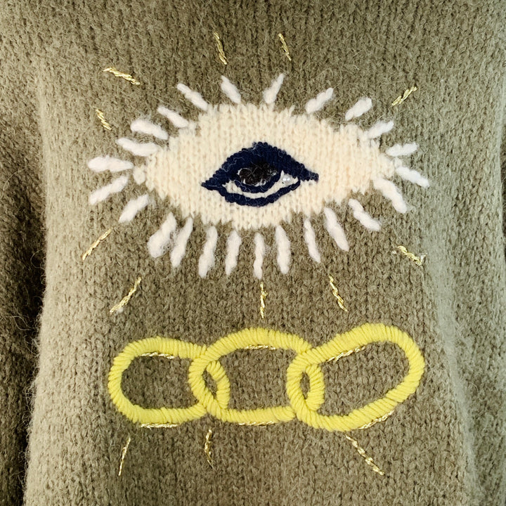 RAQUEL ALLEGRA Size 2 Green White Yellow Alpaca Blend Knit Eye Chain Sweater
