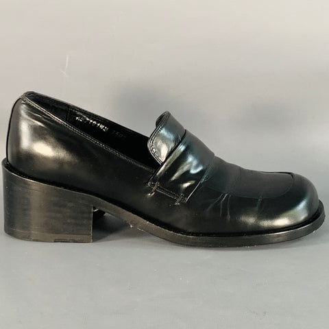 AMOMENTO Size 6 Black Leather Stacked Heel Penny Loafers