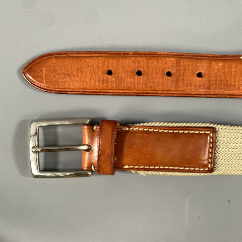 ERMENEGILDO ZEGNA Size 38 Cream Brown Mixed Fabrics Leather Elastic Belt