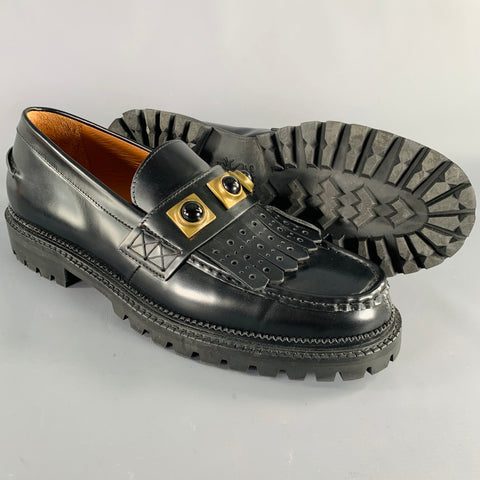 ETRO Size 12 Black Gold Studded Leather Moccasin Loafers