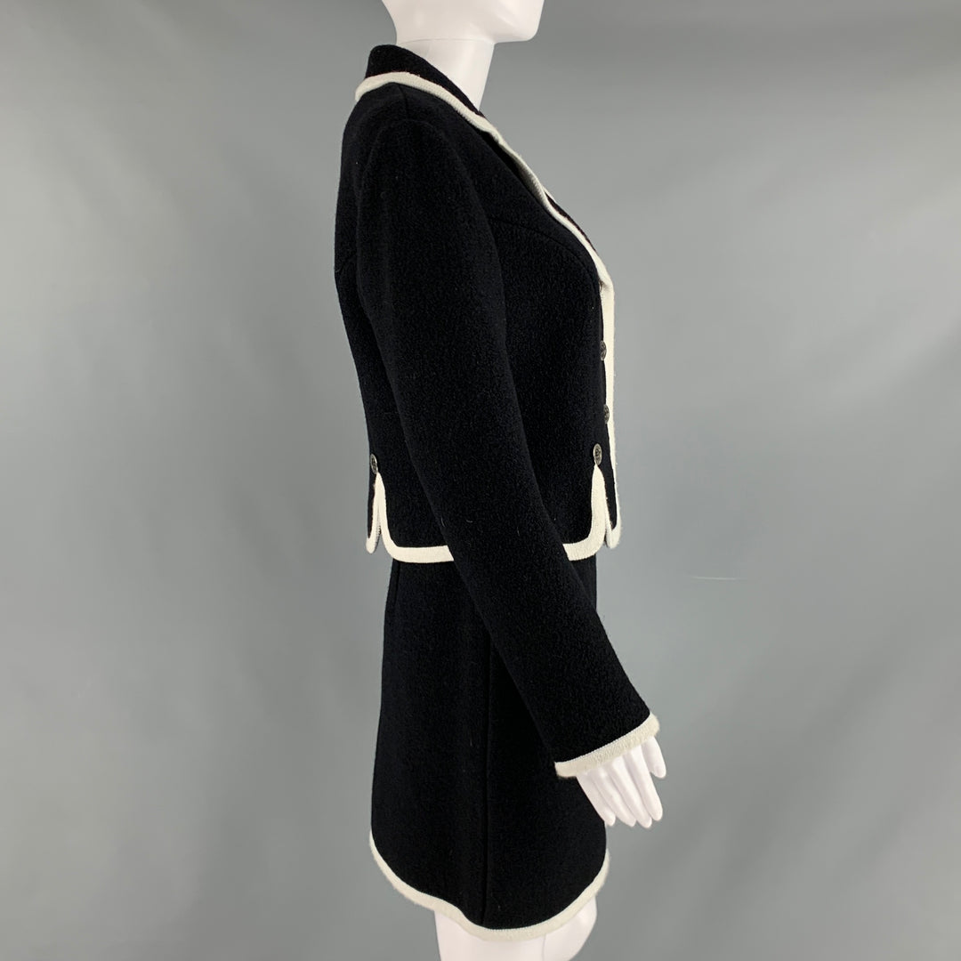 MOSCHINO Size 8 Black White Virgin Wool Contrast trim Single breasted Skirt Suit