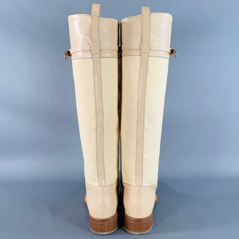 SALVATORE FERRAGAMO Bottes hautes en cuir et toile beiges Taille 8
