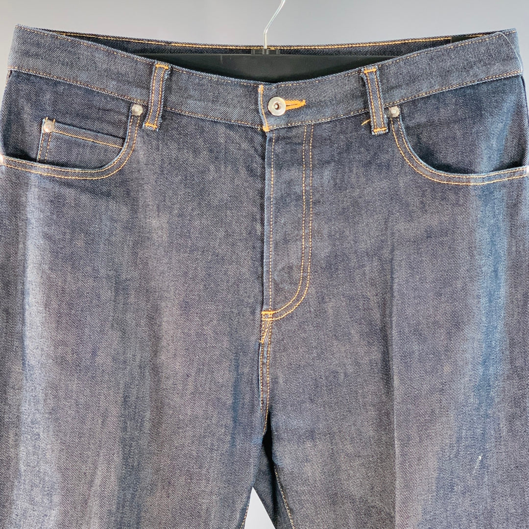 YOSHIO KUBO Size 34 Blue Cotton Blend Twill Contrast Stitch Painted Cuff Cropped Jeans