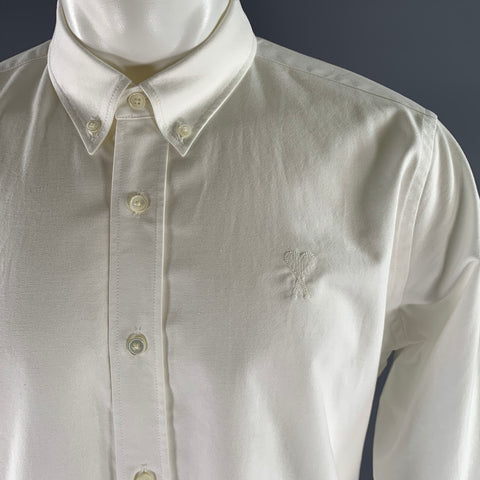 AMI Size M White Embroidery Cotton Button Down Oxford Long Sleeve Shirt
