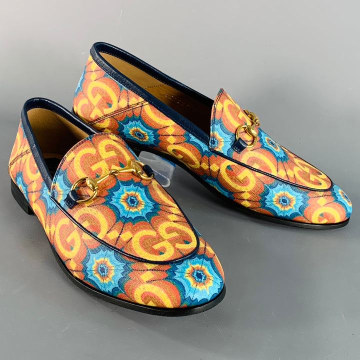 GUCCI Size 7 Orange Blue Coated Canvas Leather GG Print Horsebit Loafers Flats