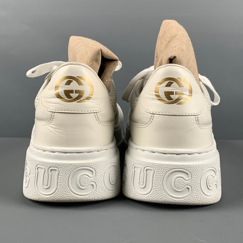 GUCCI Size 11.5 White Monogram Leather Lace Up Sneakers
