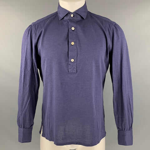 FIORENZO Size S Navy Solid Cotton Long Sleeve Polo