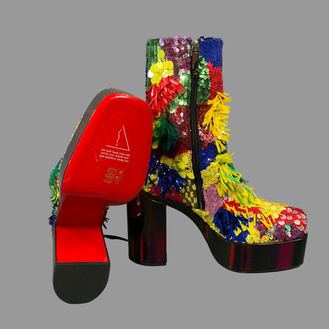 CHRISTIAN LOUBOUTIN Size 11 Multi-Color Sequined Leather Platform Boots