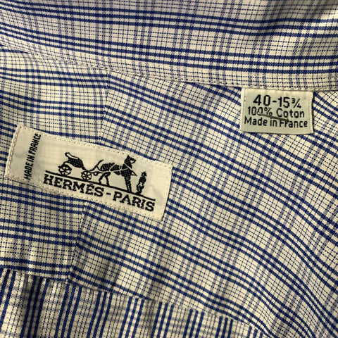 HERMES Size M Blue White Plaid Cotton Spread Collar Long Sleeve Shirt
