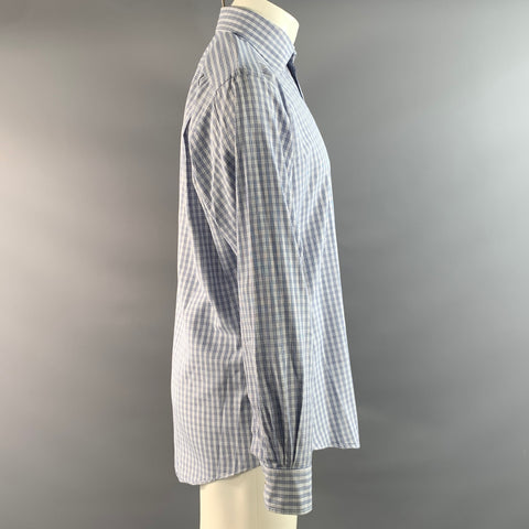 HERMES Size M Blue White Plaid Cotton Spread Collar Long Sleeve Shirt