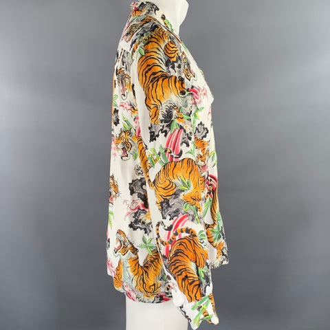 THE GUILTY PARTIES Size M White Multi-Color Tiger Print Rayon Long Sleeve Shirt