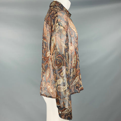NAHMIAS Talla M Camisa de manga larga con botones de seda paisley gris marrón