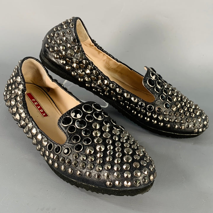 PRADA Size 7.5 Black Silver Leather Studded Flats