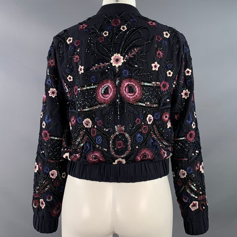 NEEDLE AND THREAD Size 4 Navy Burgundy White Embroidered Floral Bomber Jacket