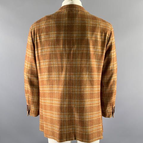 BORRELLI Size 44 Brown Camel Plaid Cashmere Notch Lapel Sport Coat