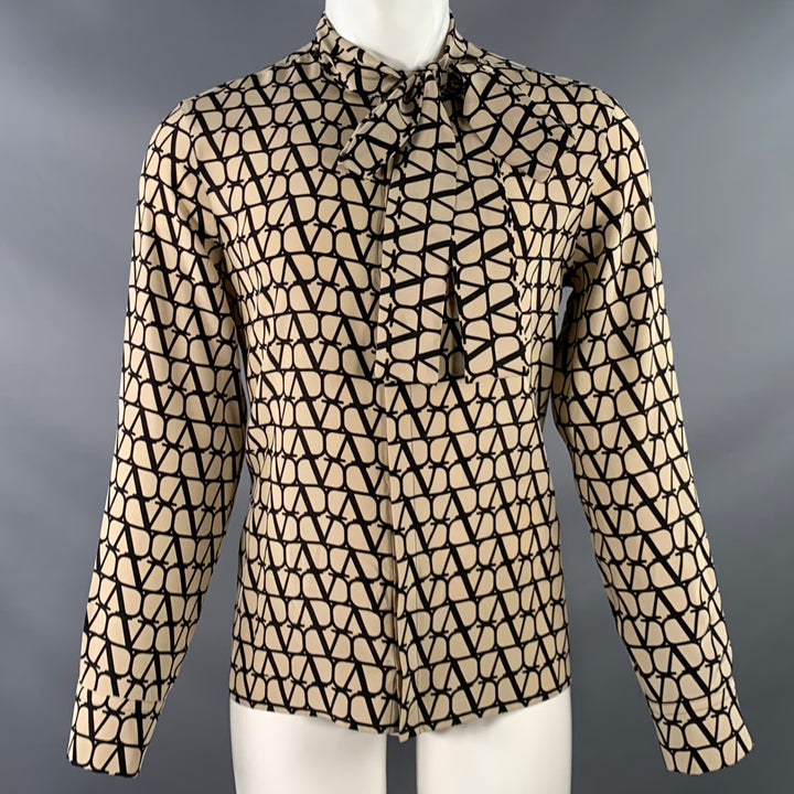VALENTINO Size M Toile Iconographe Khaki Black Monogram Cotton Bow Long Sleeve Shirt