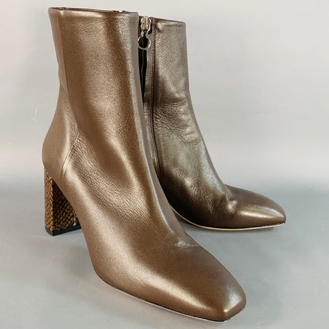 AEYDE Size 10 Brown Leather Snakeskin Chunky Heel Side Zipper Ankle Boots