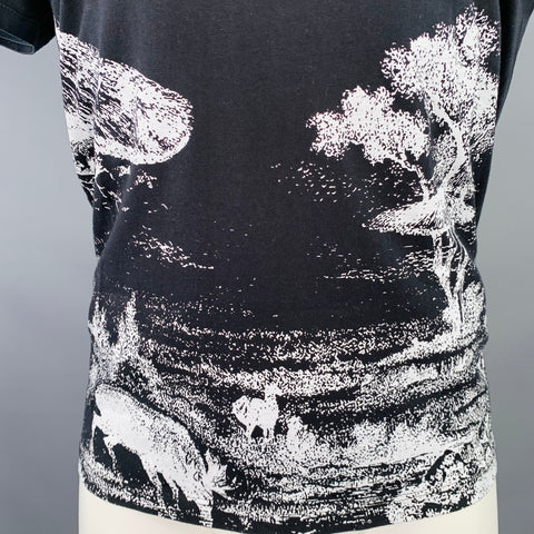 VALENTINO 2020 Size M Black White Landscape Graphic Cotton Crew Neck T-shirt