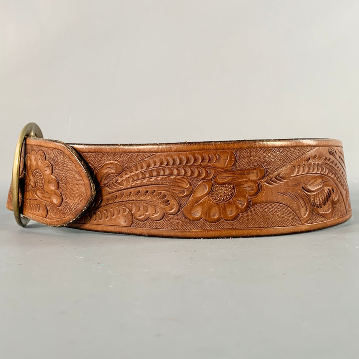 RALPH LAUREN Size M Brown Brass Embossed Leather Belt
