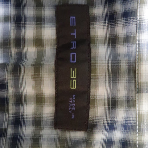 ETRO Taille S Chemise à manches longues boutonnée à carreaux olive et bleu marine 