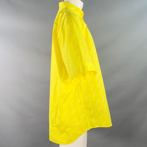 BALENCIAGA Size M Yellow White Logo Cotton Button Down Collar One Pocket Oversized Short Sleeve Shirt