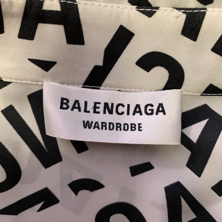 BALENCIAGA Size S Black White Monogram Polyester Button Up Long Sleeve Shirt