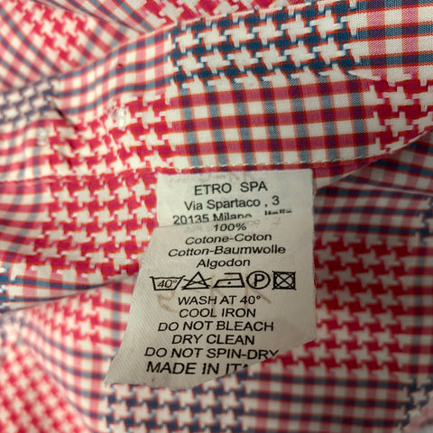 ETRO Size XL Red Blue Houndstooth Plaid Cotton Button Up Long Sleeve Shirt