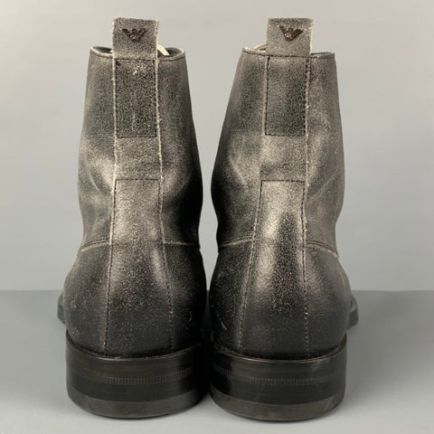 EMPORIO ARMANI Size 10 Black Distressed Leather Lace-Up Boots