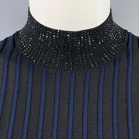 EMPORIO ARMANI Size S Black Navy Viscose Blend Stripe Mock Neck Dress Top