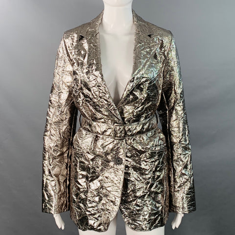 SIES MARJAN Size 6 Metallic Silver Polyester Blend Notch Lapel Belted Jacket