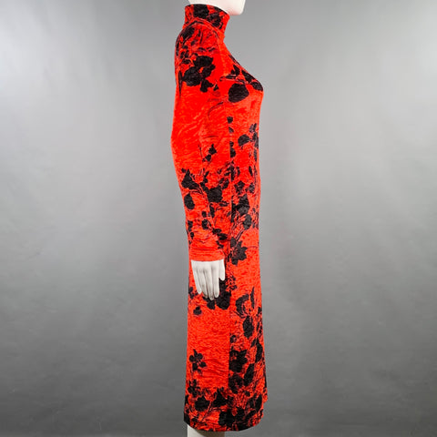 BALENCIAGA Size S Red Black Polyamide Stretch Blend Floral Turtleneck Midi Dress