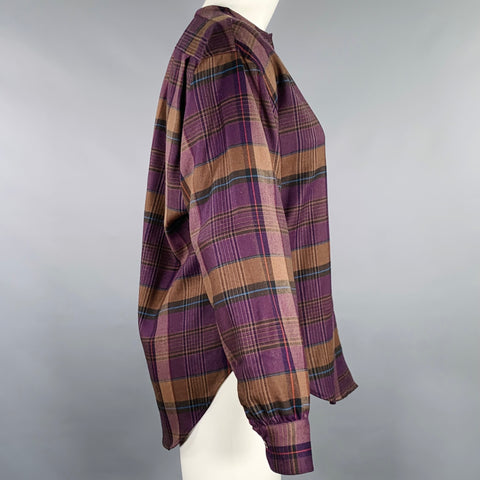 RALPH LAUREN Size 4 Purple Brown Wool Plaid Collarless Shirt