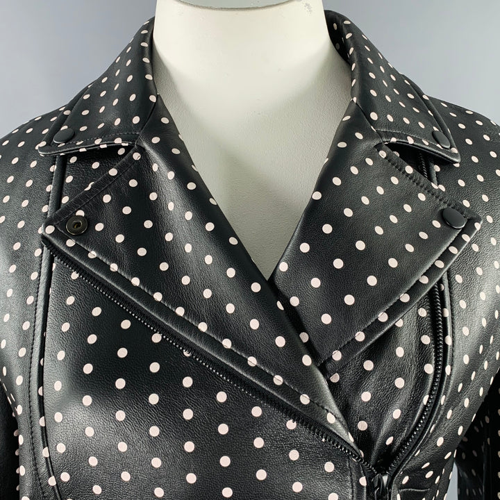 AKRIS Size 14 Black White Leather Polka Dot Lambskin Biker Jacket