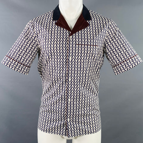 VALENTINO Size S Navy White Burgundy Monogram Cotton Camp Short Sleeve Shirt